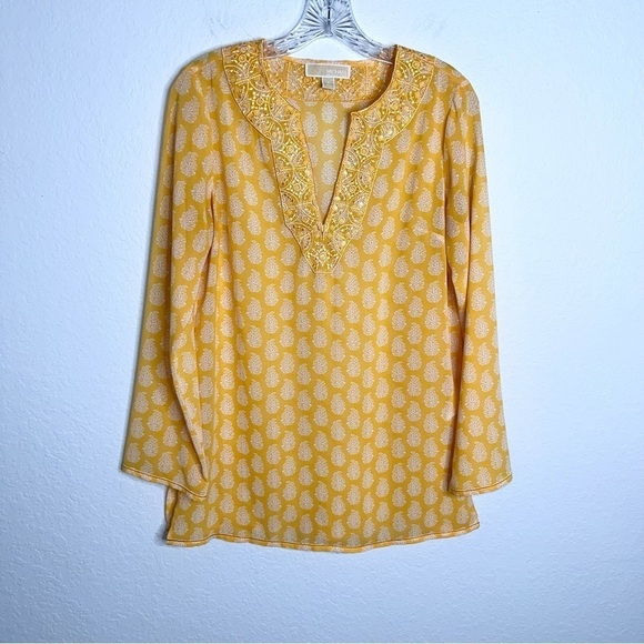 Michael Kors Top Women Small Tunic Shirt Sheer Taxi Yellow Paisley Long Sleeve I - Picture 1 of 10